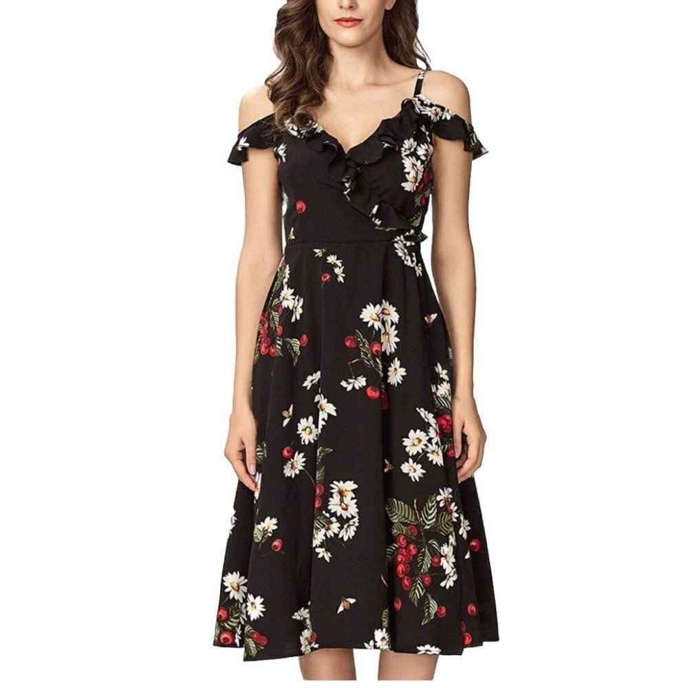 Floral Black Dress with bees and cherries